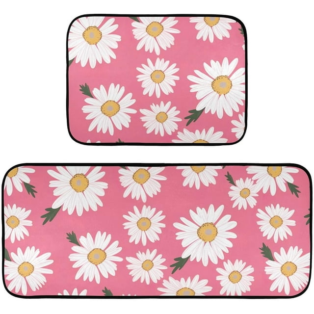 Flowers Floral Daisy Kitchen Mat Set of 2, Non-Slip Kitchen Rug for Floor, Waterproof Sink Carpet for Home, Office, Laundry