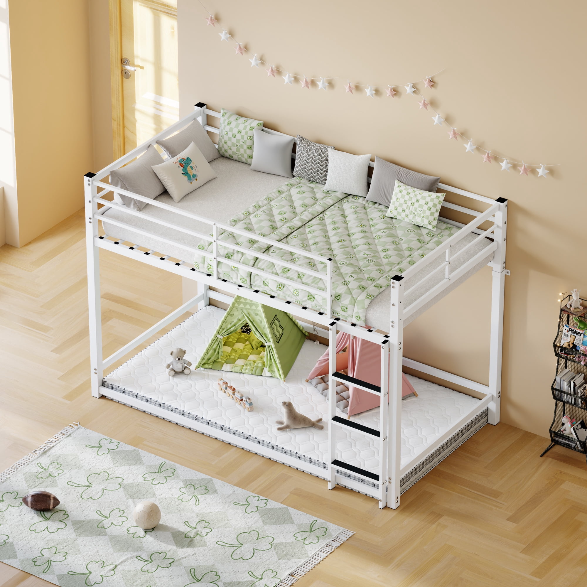 Leumius Low Metal Bunk Bed,Twin Over Twin Heavy Duty Bunk Bed Frame with Ladder and Guardrail,Space-saving Bunk Bed for Bedroom, Dorm, Easy Assembly,White