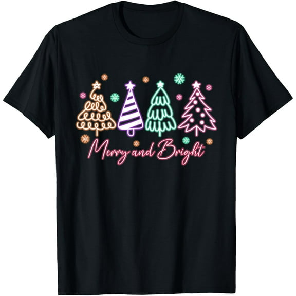 Premium model-Unisex-100% cotton-Merry and Bright Tree Neon Christmas T-Shirt