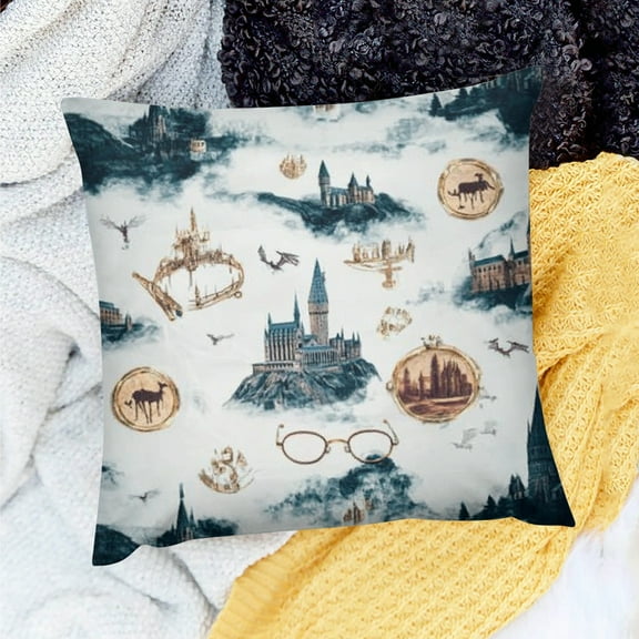 FCXZI Square Cushion Cover Harry Potter Hogwarts Glasses Farmhouse Decor for Home Sofa Couch Linen 100% 18x18in