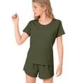 thumbnail image 5 of CPNG Girls 2 Piece Short Set Kids Summer Outfit Soft Solid Color Short Sleeve Crewneck T-shirt Elastic Waist Shorts Sweatsuit Set(Green,3-4 Years), 5 of 9