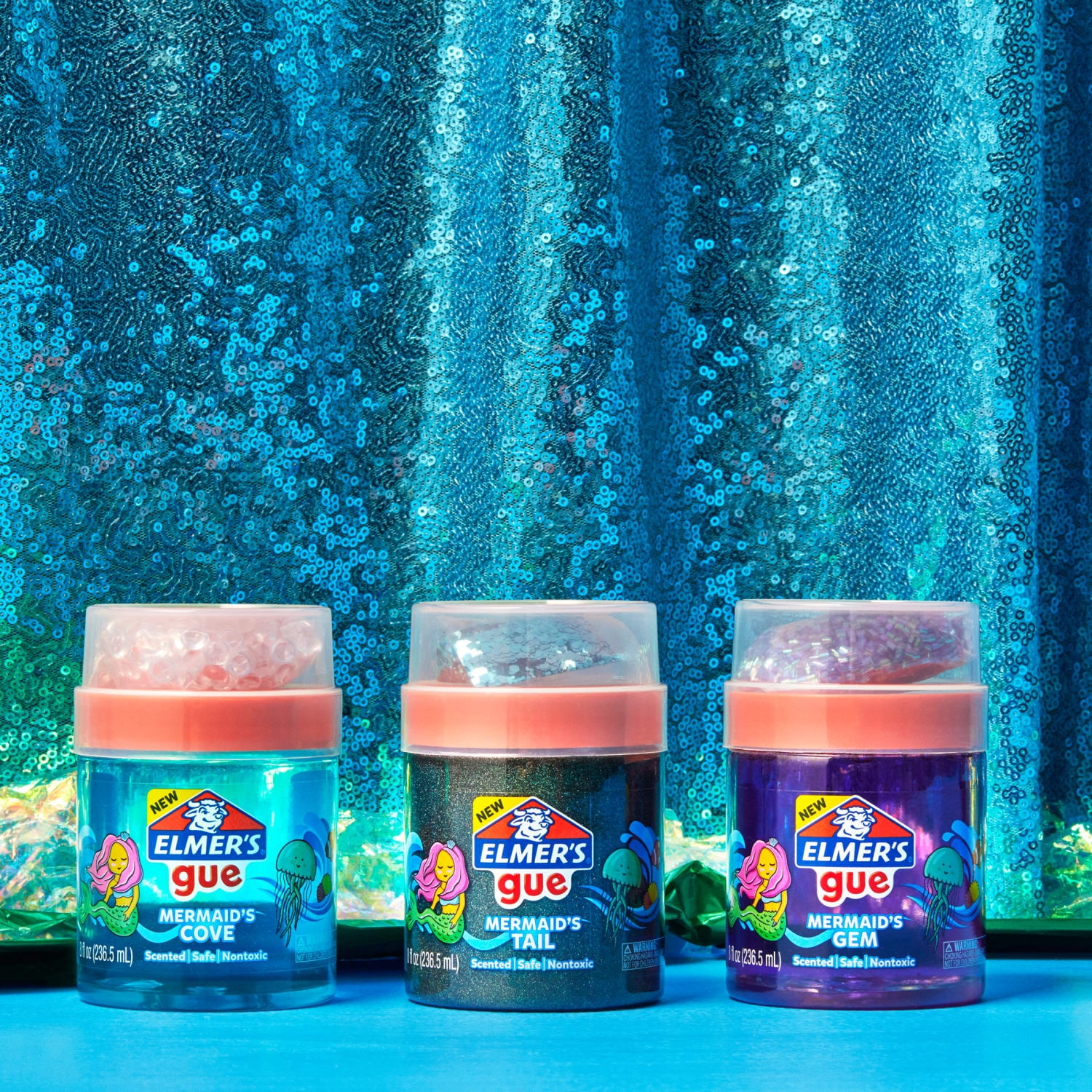 Elmer’s Gue Premade Slime, Mermaid's Paradise Slime Variety Pack, Includes Fun, Unique Add-Ins, Variety Pack, 3 Count