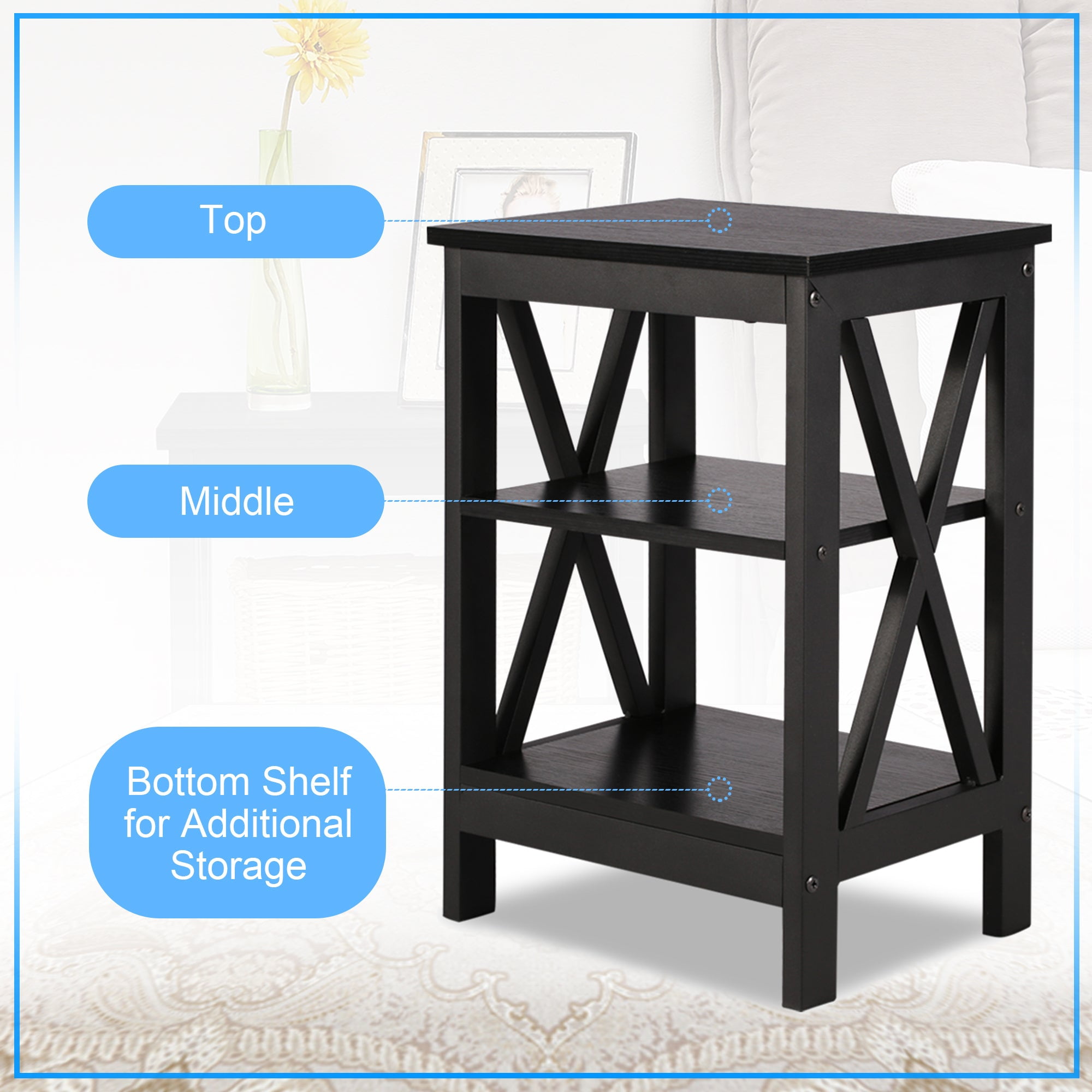 VECELO Set of 2 Nightstand with 3-Tier Shelf, Side End Table for Living Room, Bedroom, Black