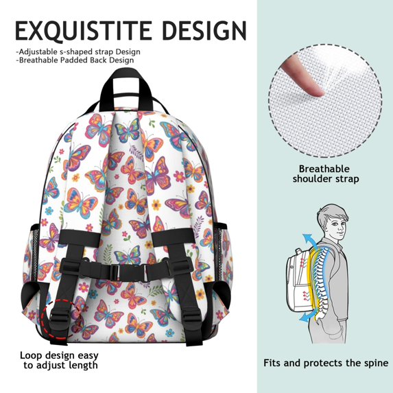 White Butterfly Flower Pattern Cute School Backpack Bag for School with Padded Back and Adjustable Shoulder Straps 15.25"x11.5"x5.25"