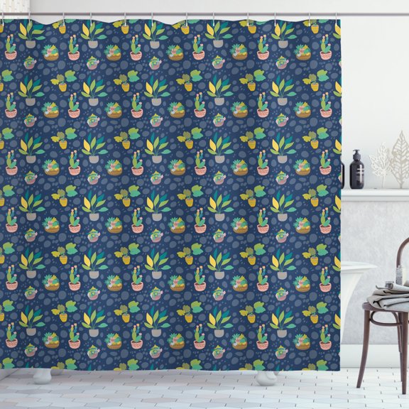 Ambesonne Cactus Print Shower Curtain, House Plant Succulents, 69"Wx84"L, Dark Sky Blue Multicolor