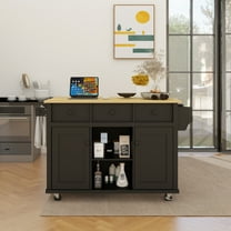 Kitchen Cart with Rubber wood Drop-Leaf Countertop ,Cabinet door internal storage racks,Kitchen Island on 5 Wheels with Storage Cabinet and 3 Drawers for Dinning Room, Black