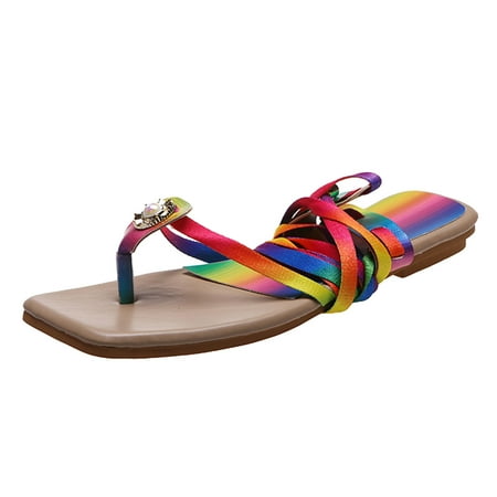 

Women Flat Sandals Square Toe Beach Sandals Fairy Fashion Color Strap Flat Sandals Female Foreign Trade Beach Sandals