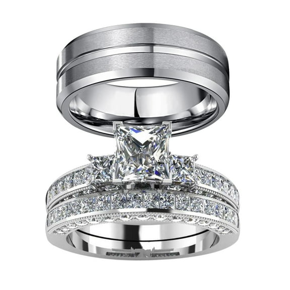 Couple Rings White Gold Plated 925 Sterling Silver Ring Square 1.5CT CZ Women Wedding Ring Sets Men Titanium Steel Ring