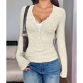 thumbnail image 5 of Women Lace Henley T Shirts Button Down Slim Fit Tops Long Sleeve V-Neck Tunic Top Blouse Light Green XL, 5 of 7