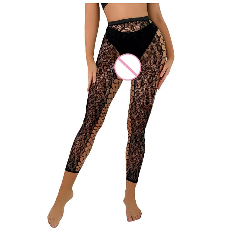 Women Underwear Tummy Control Tights Fishnet Opening Leggings Leopard Print  Pantihose Pants Lingerie For Women 