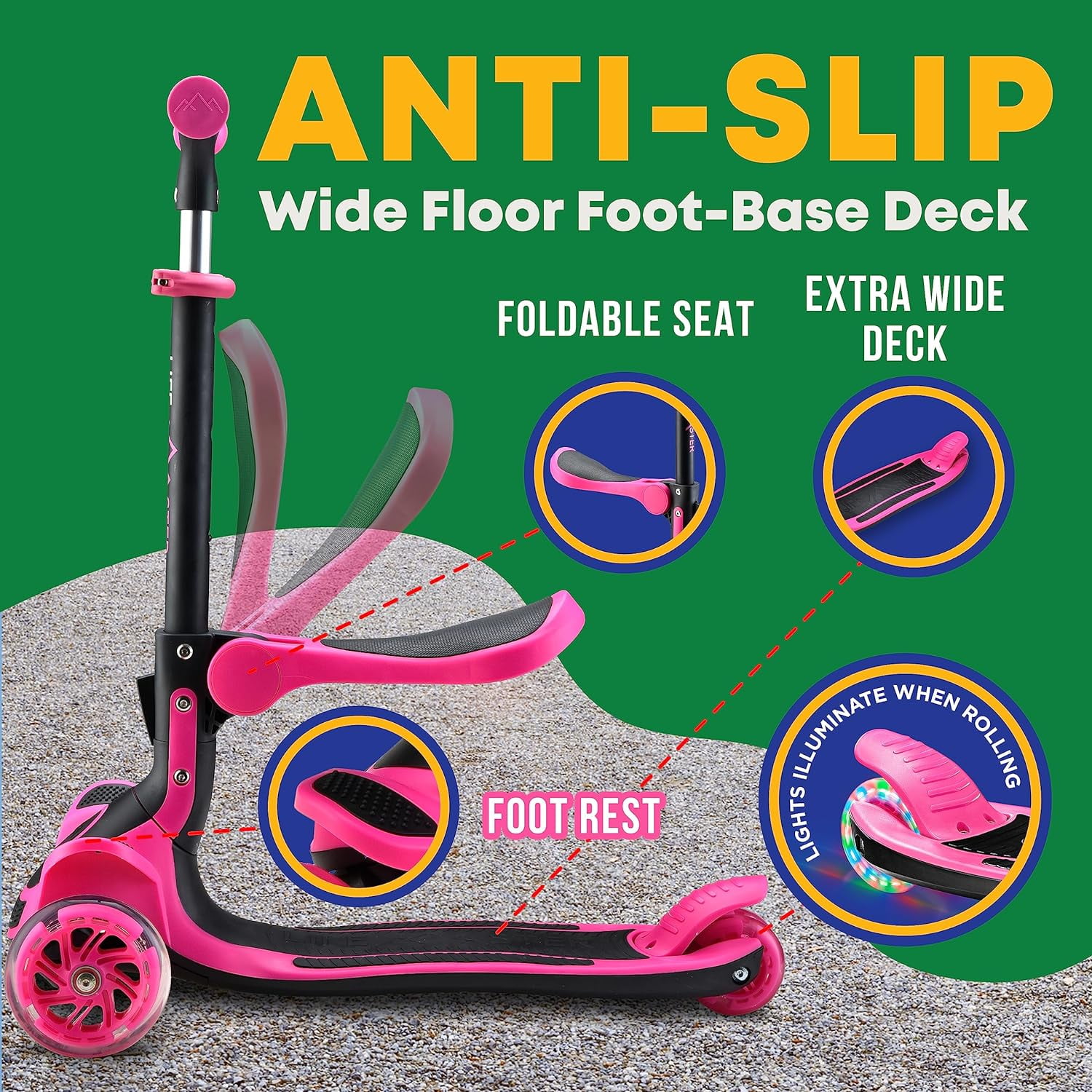 Kids Scooter – Foldable Seat – LED Wheel Lights Illuminate When Rolling – Children and Toddler 3 Wheel Kick Scooter – Adjustable Handlebar – Indoor and Outdoor- Pink - by Lifemaster