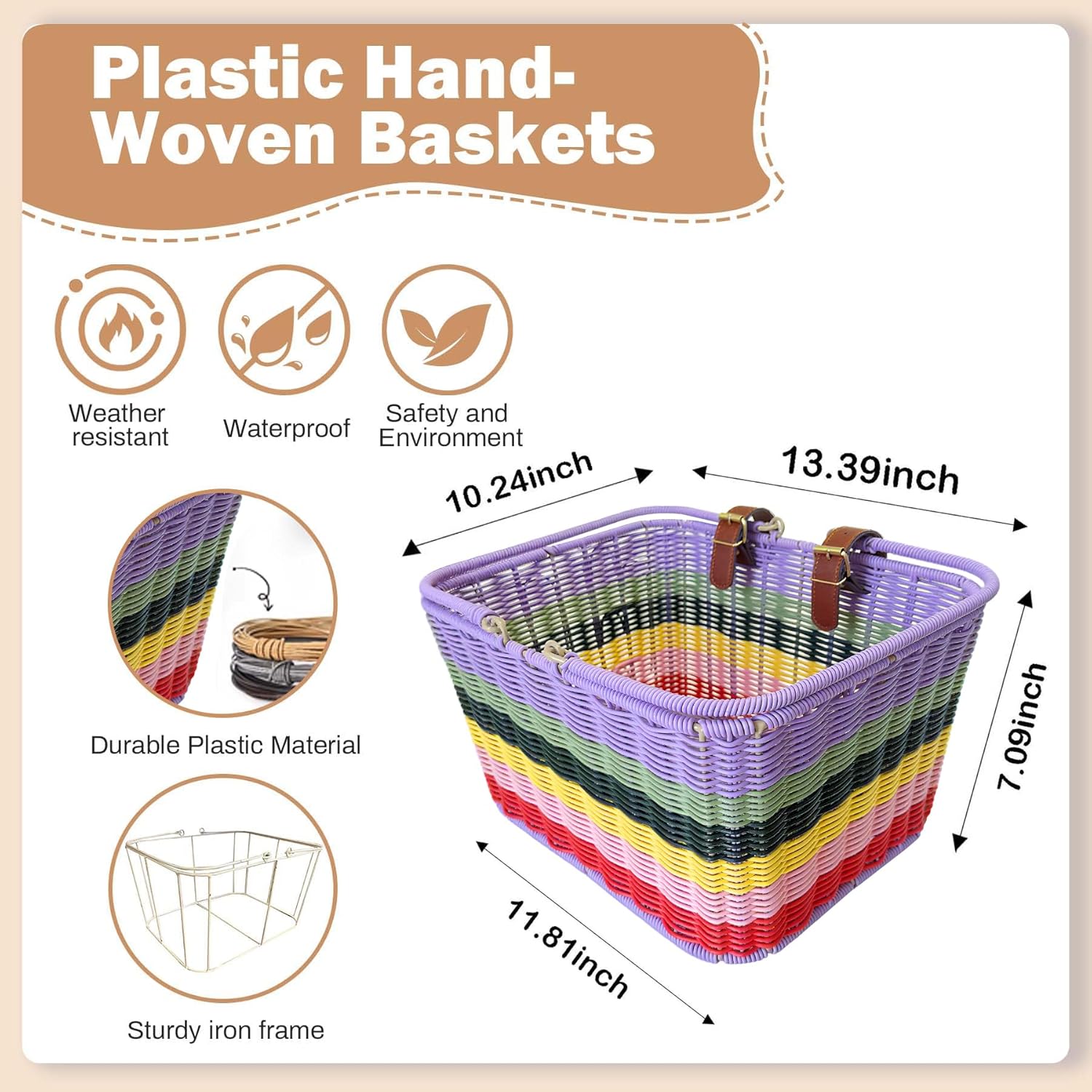 Bike Basket Front, Large Wicker Baskets, Hand-Woven Bicycle Basket with Iron Framework, Detachable Front Handlebar Basket