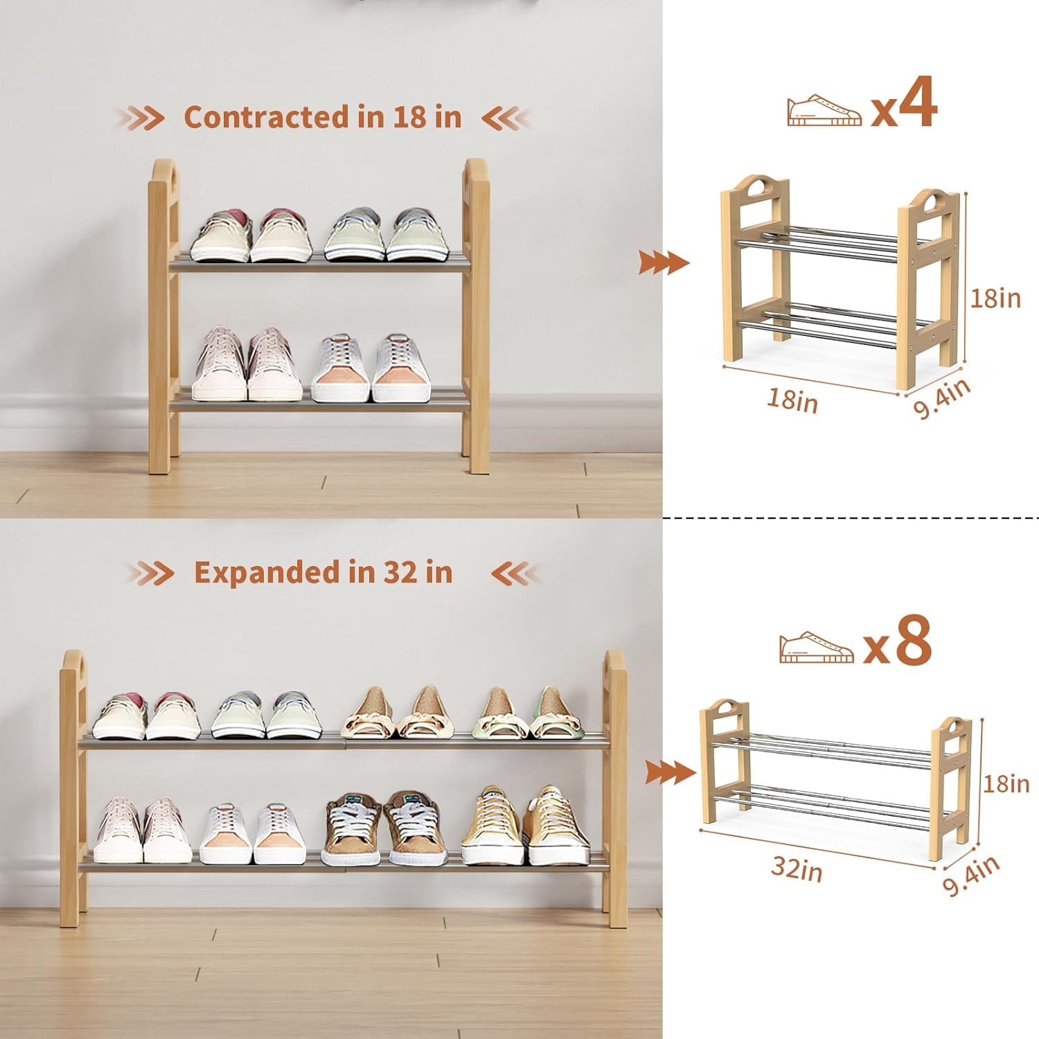 THENNIKIGO Rectangular Shoe Rack Made of Logs Shoe Rack-01 Adult 2-Tier Expandable Freestanding Shoe Rack, Brown, Holds up to 10-Pairs of Shoes