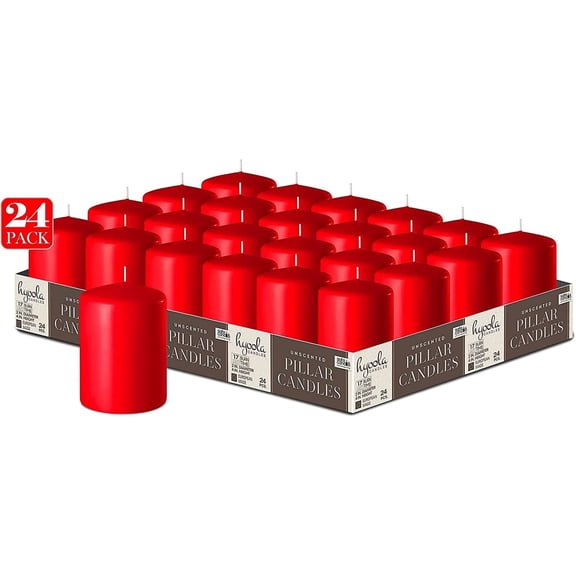 Hyoola 2 x 3 Red Unscented European Made Pillar Candles, Dripless Paraffin Wax with Smokeless Cotton Wicks, 24-Pack