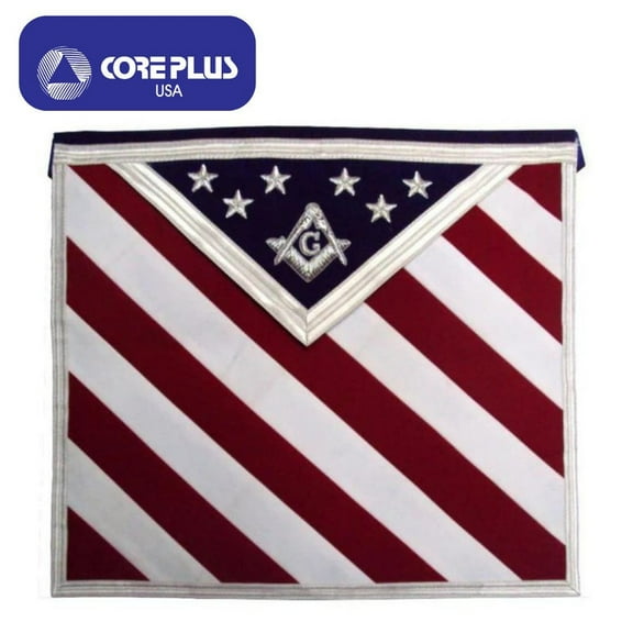 Master Mason Blue Lodge Apron - White, Red & Blue USA Flag, Hand Embroidered with Silver and Gold Bullion Wire, Adjustable Waist Belt, Flap with Pocket