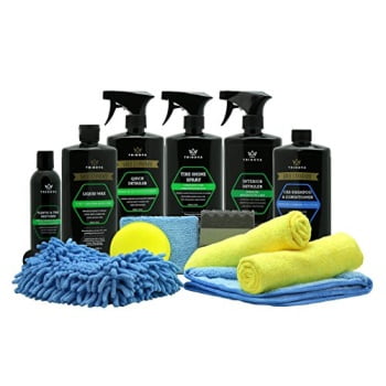 car wash kit complete detailing supplies for cleaning. soap, wax, tire shine, trim restorer, wash mitt, applicator, microfiber towel, best value to care for truck. (Best Tire Shine On The Market)