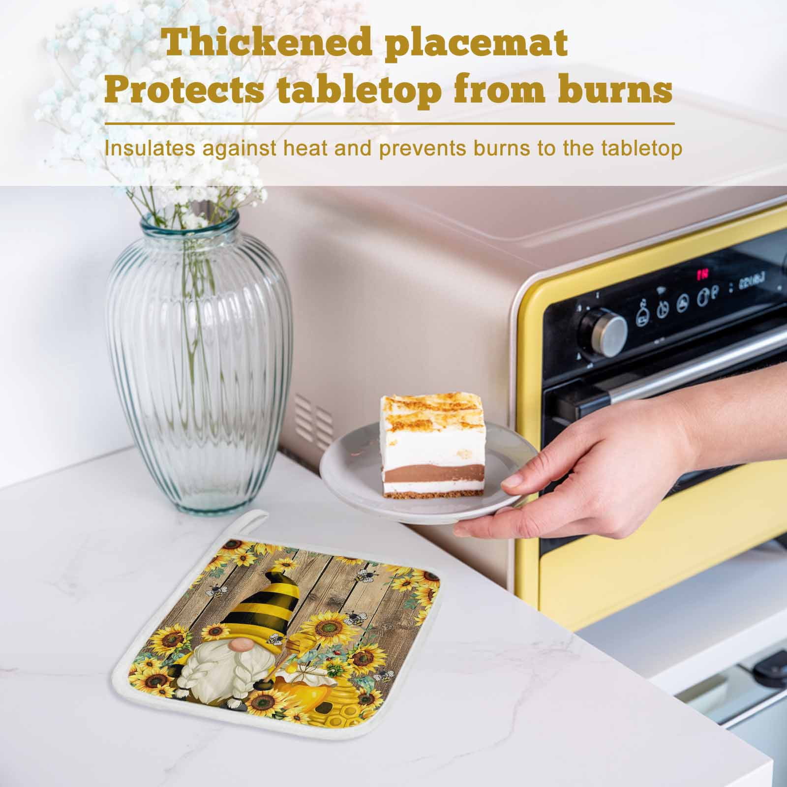 Yellow Sunflower Pot Holders for Kitchen Heatproof Potholder, 3 Pack Farmhouse Wood Grain Bees Gnomes Hot Pads Multipurpose Oven Pads Cloth Potholders Trivet for Cooking Baking