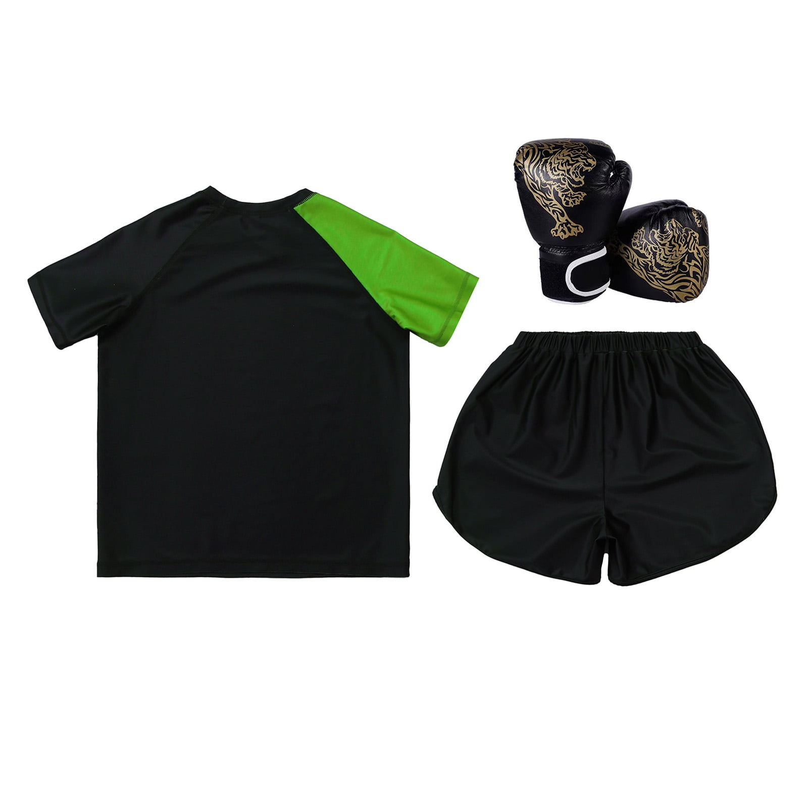 Hansber Kids Boxing Outfit Kick Boxing Uniform Athletic T-Shirt Top with Muay Thai Shorts Trunks Boxing Gloves Set Green&Black 10