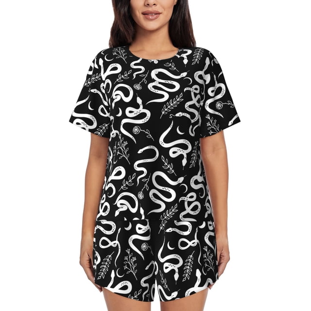Balery Hand Drawn Snake Conjunto de Pijama para Mujer con Estampado, Dos Piezas de Manga Corta y Shorts, Ropa de Dormir Suave con Cuello Redondo y Bolsillos-Small