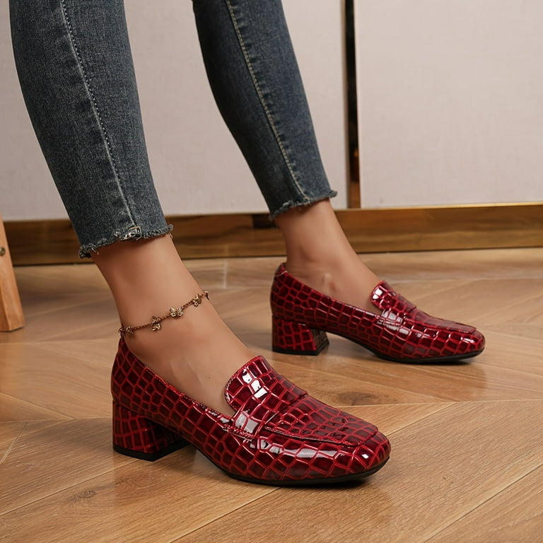 Women s Crocodile Pattern Loafers Fashion Square Toe Chunky Low Heels All match Slip On Work Shoes Walmart