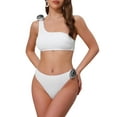 thumbnail image 1 of Conjuntos de bikini de una sola manga con flores en 3D para mujer, traje de baño asimétrico de 2 piezas grande en blanco, 1 of 5