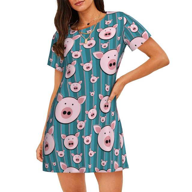 Balery Funny Pig Faces Camisón de manga corta con cuello redondo para mujer, cómodo y elegante.