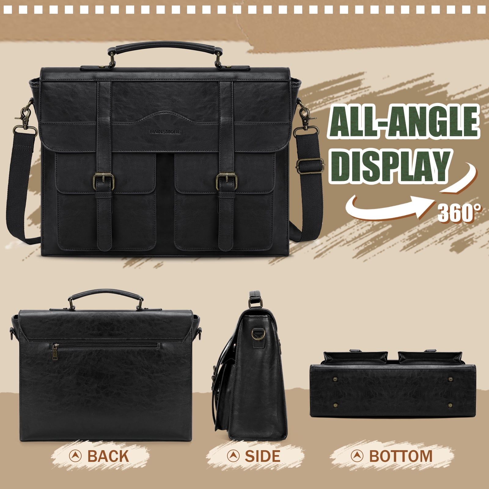 RAINSMORE Mens Messenger Bag 17 Inch Vintage Leather Laptop Briefcase Magnetic Closure Large Satchel Computer Shoulder Bag,Black