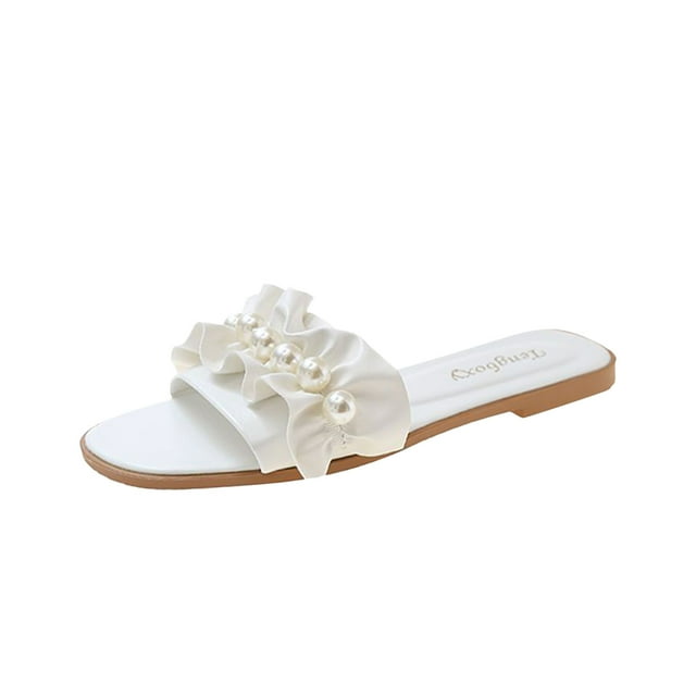 DPTALR Women's Pearl Flat Sole Slippers Holiday Comfortable Flip Flops