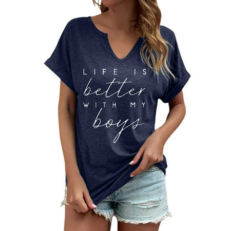 Women s V-Neck Graphic T-Shirt Funny Mom Tee Casual Loose Fit Summer Top Athletic Comfortable Print