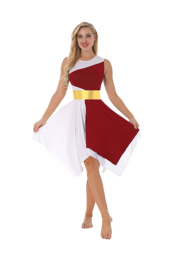 Women's Color Block Asymmetrical Hem Tunic Liturgical Praise Dance Worship Dress Burgundy XXL