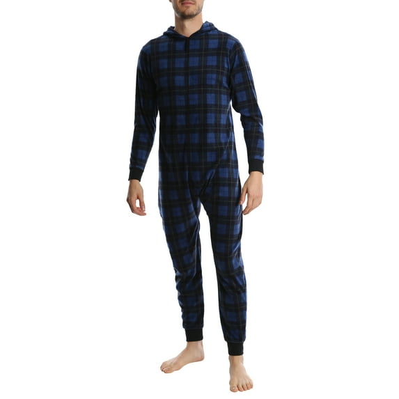 Top Shelf Men's Fleece Onesie - Adult One Piece Zip Up Pajamas & Loungewear - Available in Fun Holiday Styles - Navy Tartan Plaid, X-Large