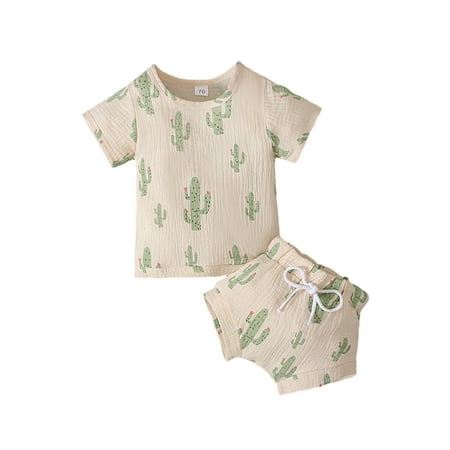 

Kiapeise 0-3Y Infant Boys Girls Cotton Linen Clothes Summer Rainbow/Sun/Cactus/Cloud Print O-Neck Short Sleeves T-Shirt+Shorts Set