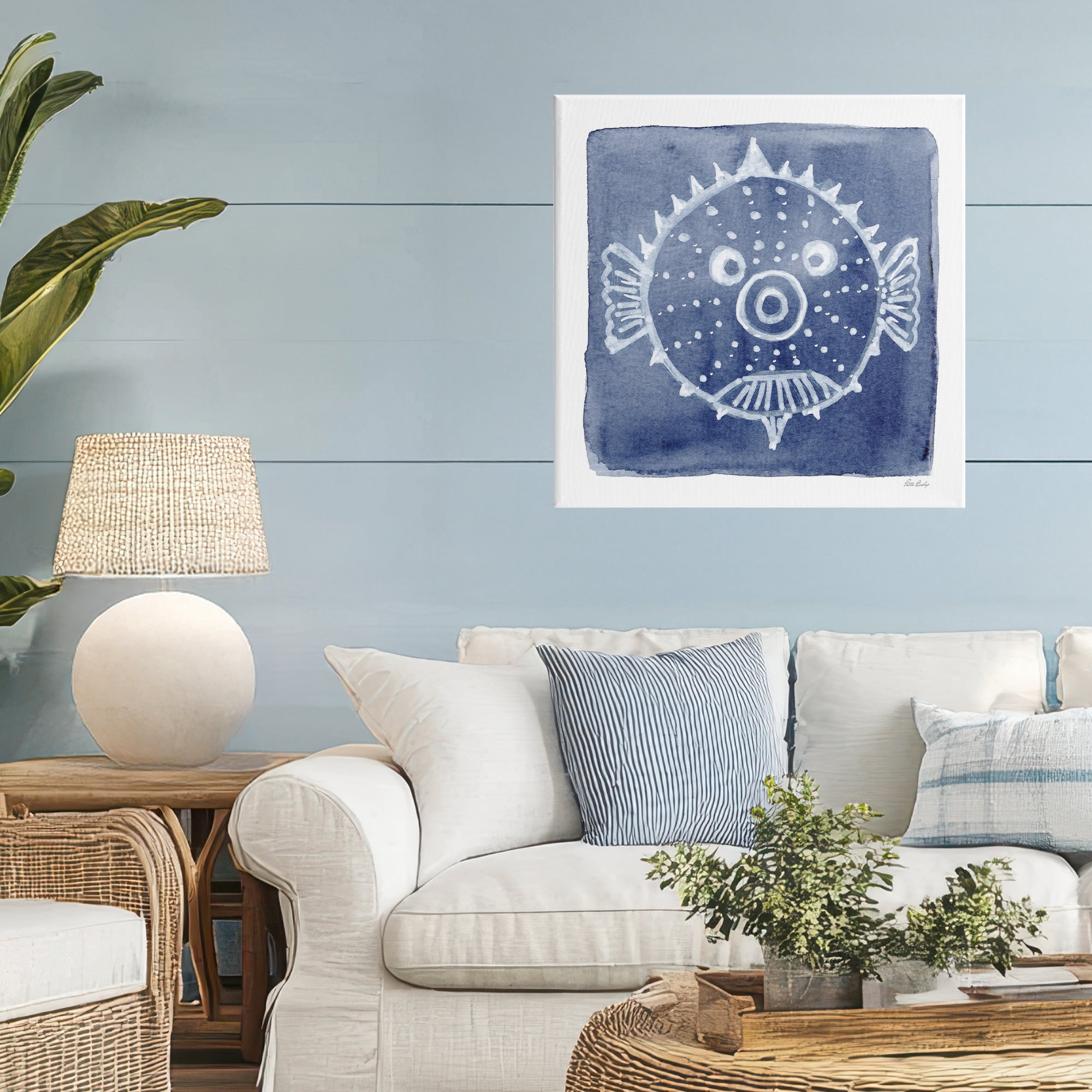 Stupell Industries White Blow Fish on Indigo Canvas Wall Art, design by Patti Bishop