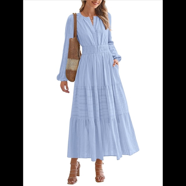 Vestido de Otoño Informal para Mujer, de Larga, Cuello en V, Cintura Elástica, Ligero, para Invitadas de Boda, con Bolsillos Azul M