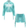thumbnail image 4 of Doomiva Kids Girls Long Sleeve Shiny Fringe Crop Jacket Top and Metallic Tassel Shorts Sparkly Dance Streetwear Light Green 12, 4 of 6