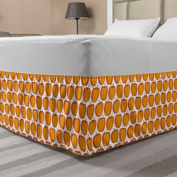 Apple Bed Skirt, Hand Drawn Fruits Repetitive Colorful Illustration on Plain Background, Elastic Bedskirt Dust Ruffle Wrap Around for Bedding Decor, 4 Sizes, Orange and Vermilion, by Ambesonne