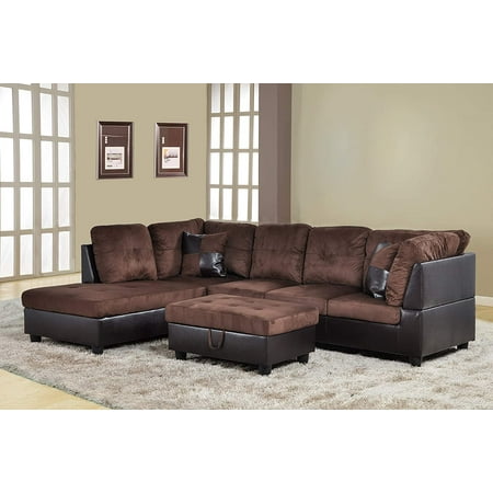 Ponliving Furniture 3 PCS Sectional Sofa Set L-Shaped Sectional Couch 103 W for Living Room with Storage Ottoman and Matching Pillows (Left Hand Facing Chocolate)
