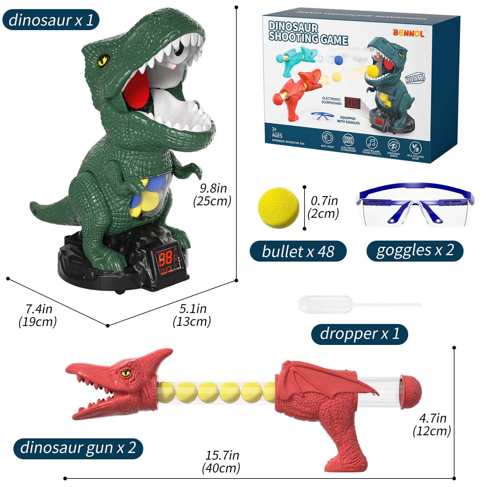 KukuFun Dinosaur Toys Shooting Games for Boys 3 4 5 6 Years Old Movable Shooting Target Toy with 2 Pump Guns & 48 Foam Balls, Outdoor Indoor Game Toys