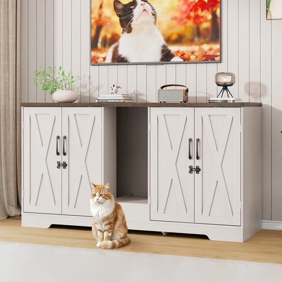 Blotout 59" Large Cat Litter Box Enclosure for 2 Cats with Power Outlets, Litter Box Furniture Hidden with Double Room, Wooden Cat Washroom Furniture with Lockable Door, Cats House, White