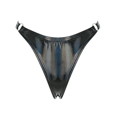 Zaldita Women s Shiny Metallic Low Rise G-String Thong Latex O-ring Micro Panties Briefs Clubwear Rainbow Black M