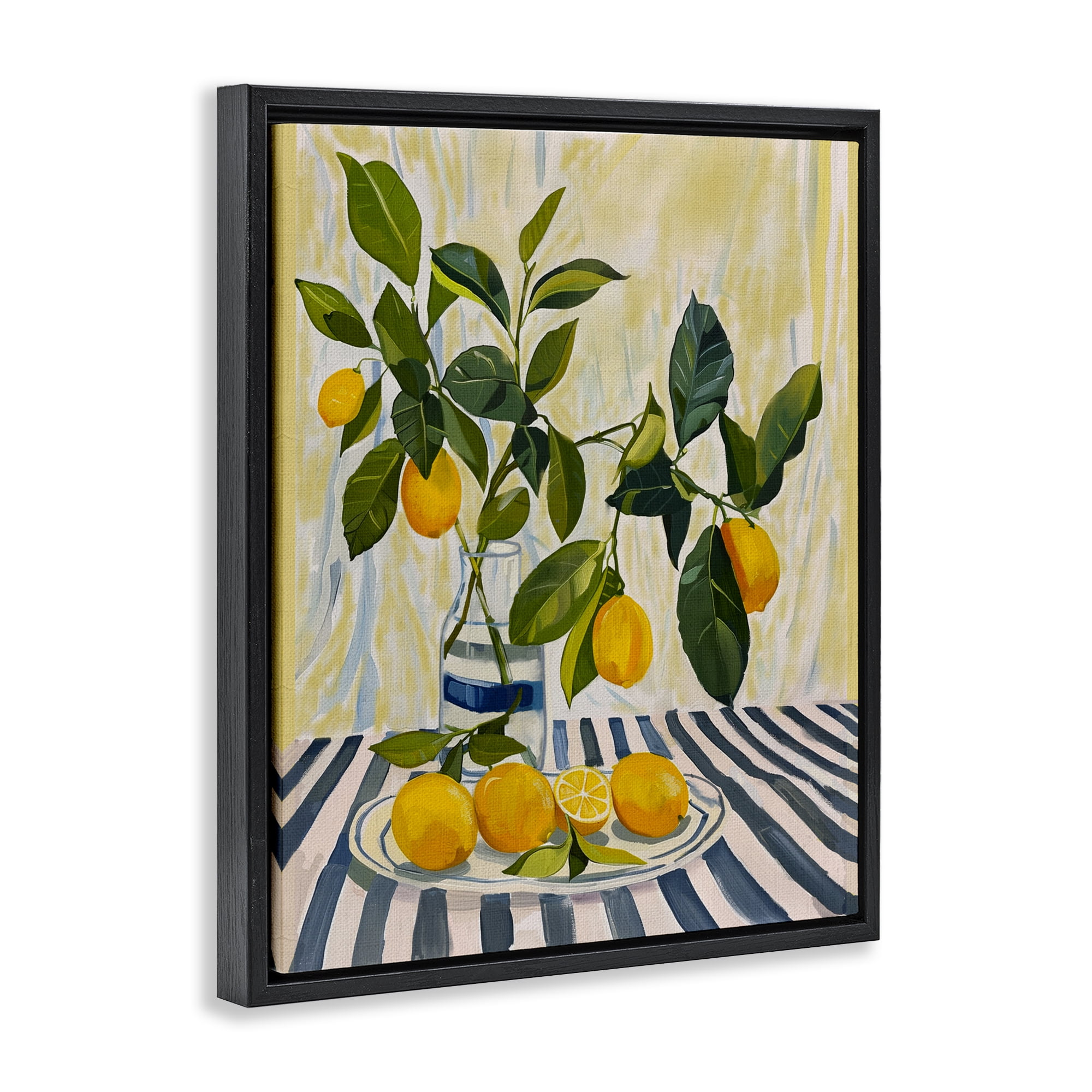 Stupell Industries Lemons on Striped Tablecloth Black Framed Floater Canvas Wall Art, design by Yen