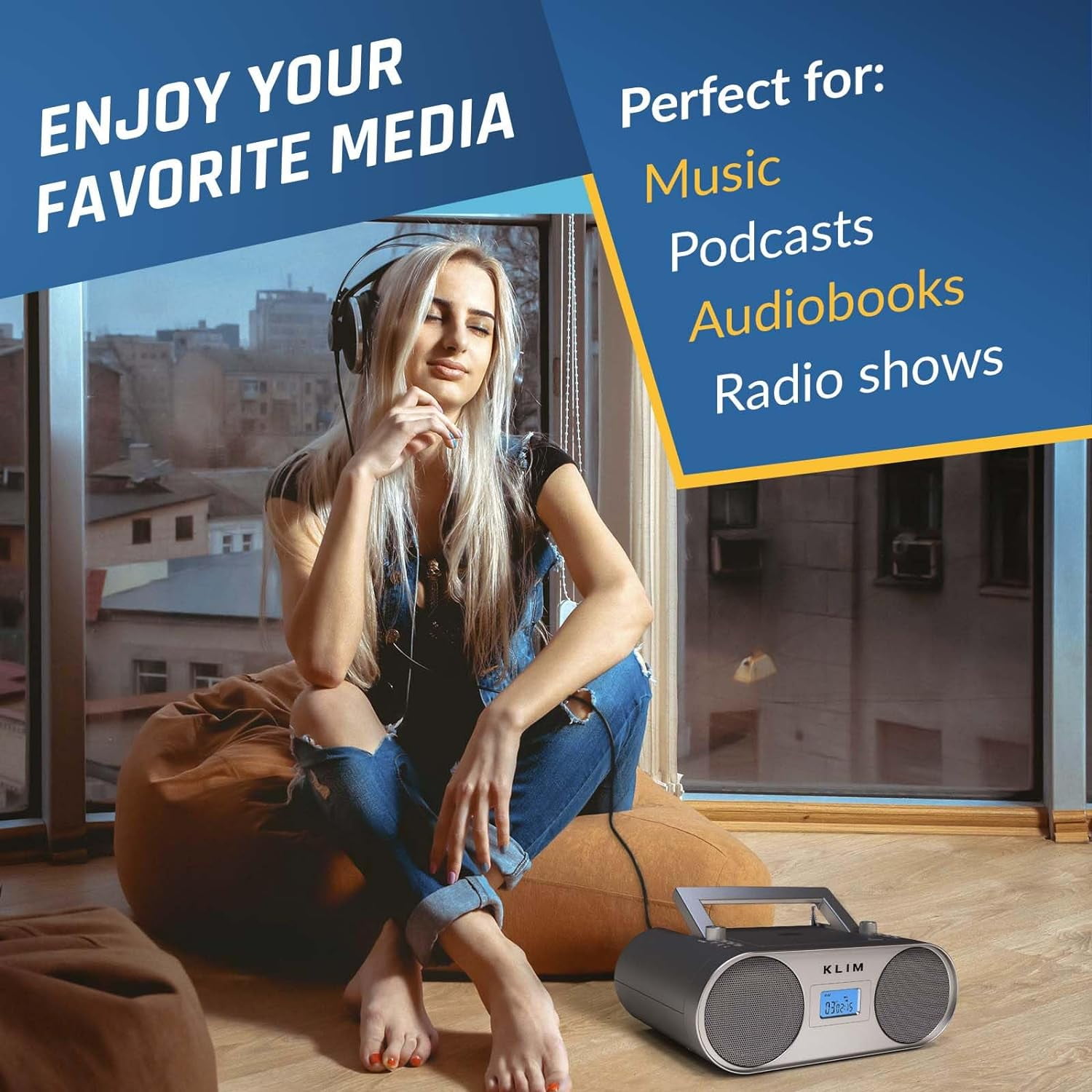 KLIM Boombox B4 CD Player Portable Audio System + AM/FM Radio, MP3, Bluetooth, AUX, USB + Wired & Wireless Mode, Rechargeable Battery + Remote Control, Autosleep, Digital EQ, Silver