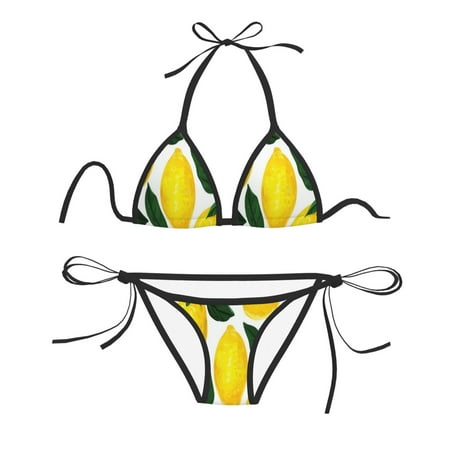 Women Two Piece Swimsuit Sexy Swimwear Halter String Triangle Bikini Sets - Lemons Pattern