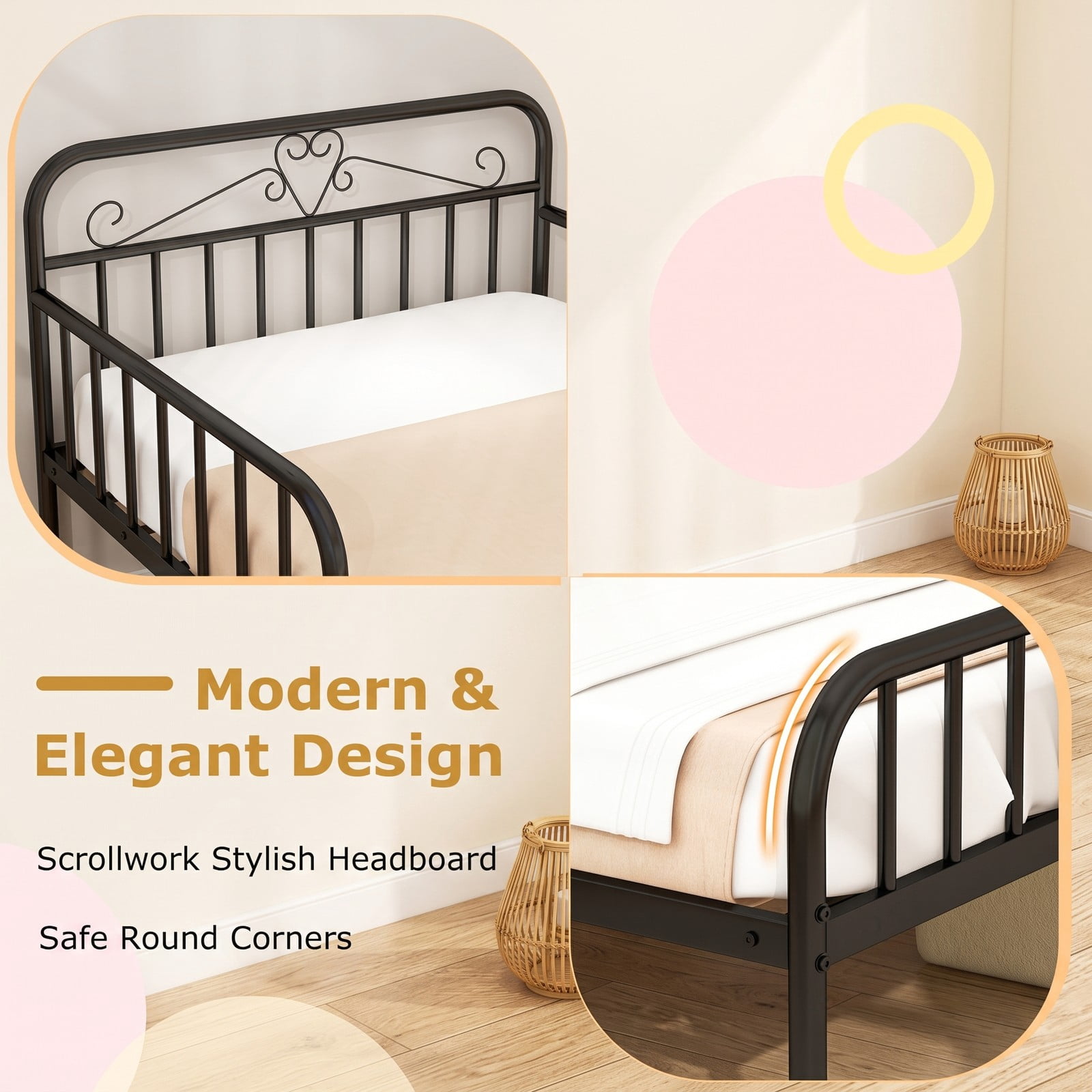 Furnibear Twin Size Metal Kids Bed Frame with Headboard and Safety Side Guardrails for a Boys and Girls Toddler Bedroom, Black