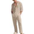 thumbnail image 2 of Yaoyar Men Cotton Linen Long Sleeve Button Down Shirt Summer Casual Hawaiian Beach Tops Lightweight Fashion Two-piece Set, 2 of 9