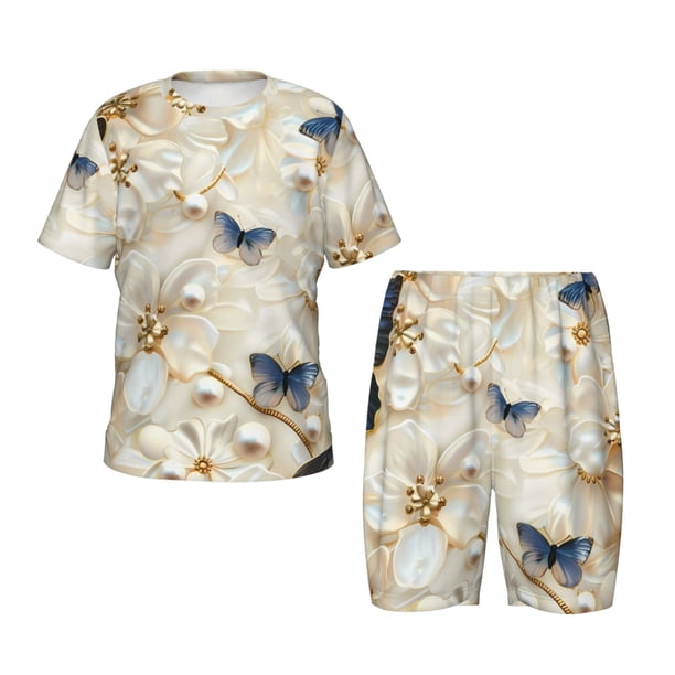 Balery Elegant Butterflies And Pearls Conjunto de Pijama Infantil de Manga Corta con Estampado – Ropa de Dormir de Algodón Suave-X-Large