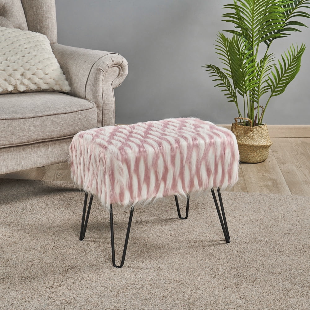 Home Soft Things Feathery Faux Fur Stool Chair Upholstered Footrest Ottoman with Black Metal Legs and Padded Seat, Pink, 19" x 13" x 17"