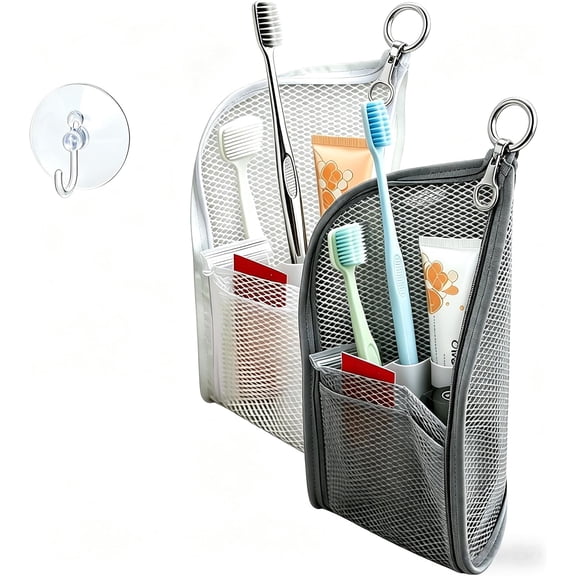 Standing Travel Toiletry Bag, Portable Lightweight EVA Mesh Clear Cosmetic Organizer, Waterproof Foldable Hanging Storage Bag for Toothbrush & Toiletries (Gray, White)