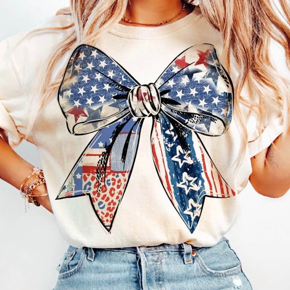 Coquette American Girl T-Shirt, Patriotic Bow Graphic Tee, 4th of July Aesthetic Shirt, Freedom and Flag Celebration T-Shirt