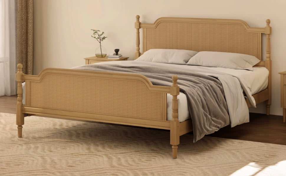 Euroco Rattan King Size Platform Bed for Living Room for Adults, Walnut